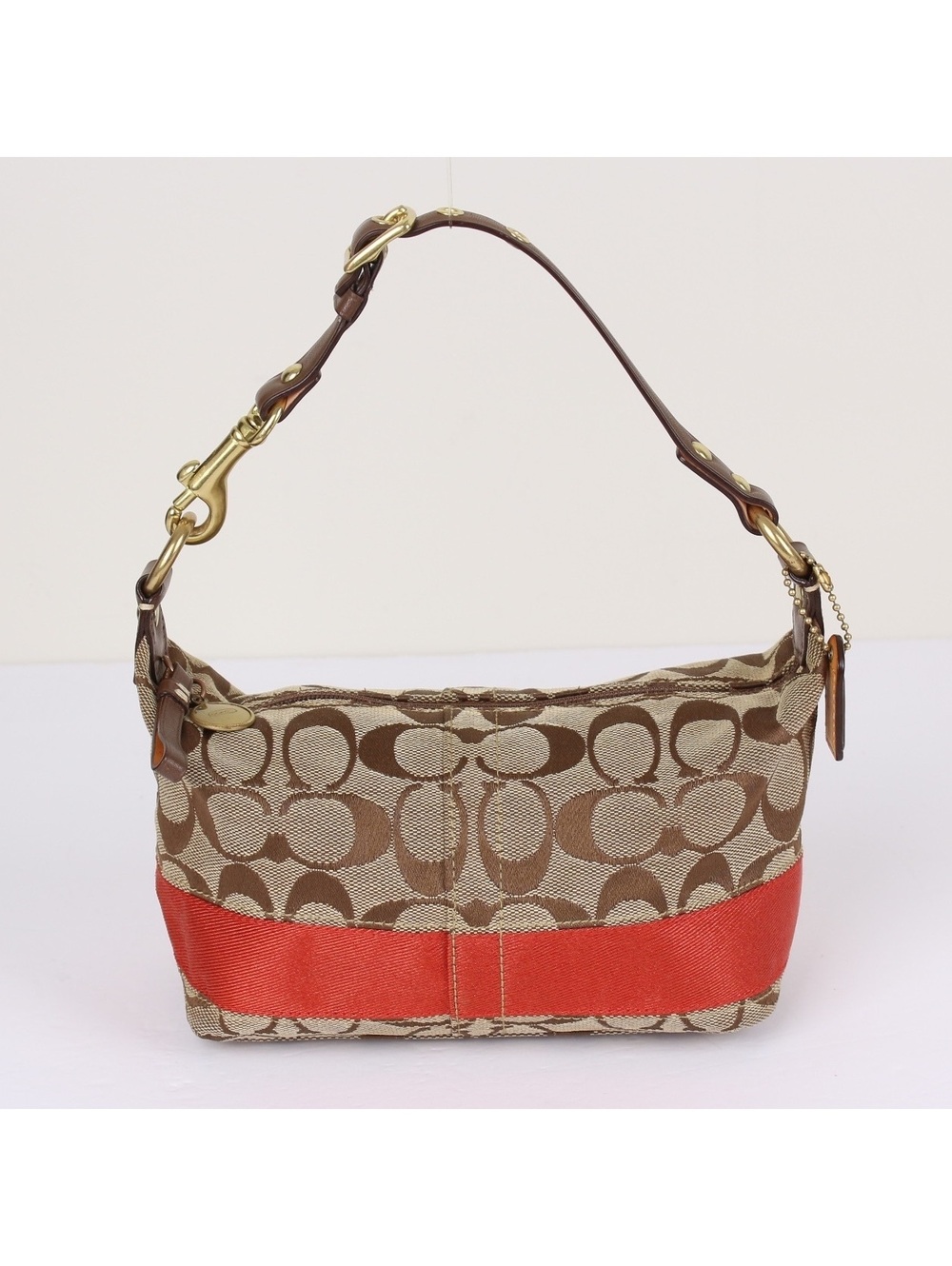 Vintage Coach 40024 Signature Stripe Demi Pouch Bag Khaki Canvas Red